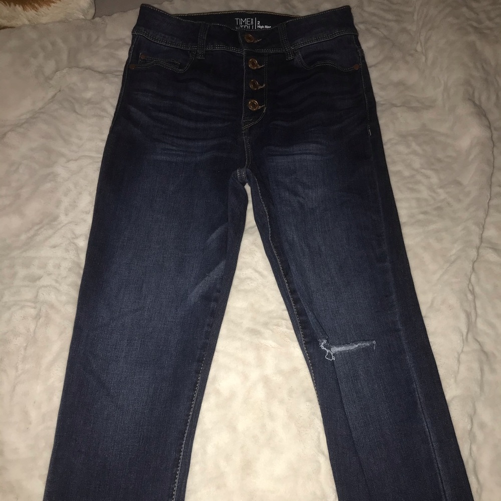 Dark blue high waisted ripped skinny jeans